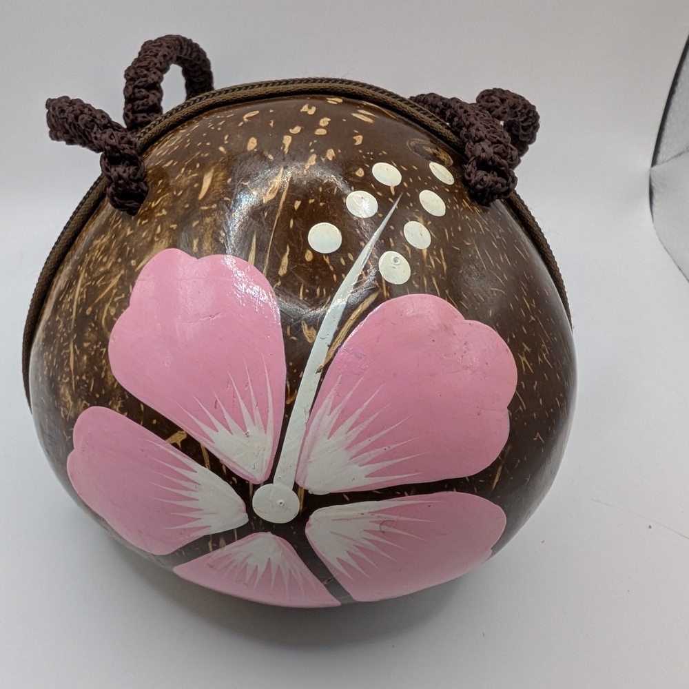 Round Coconut Shell Handbag with Pink Floral Design